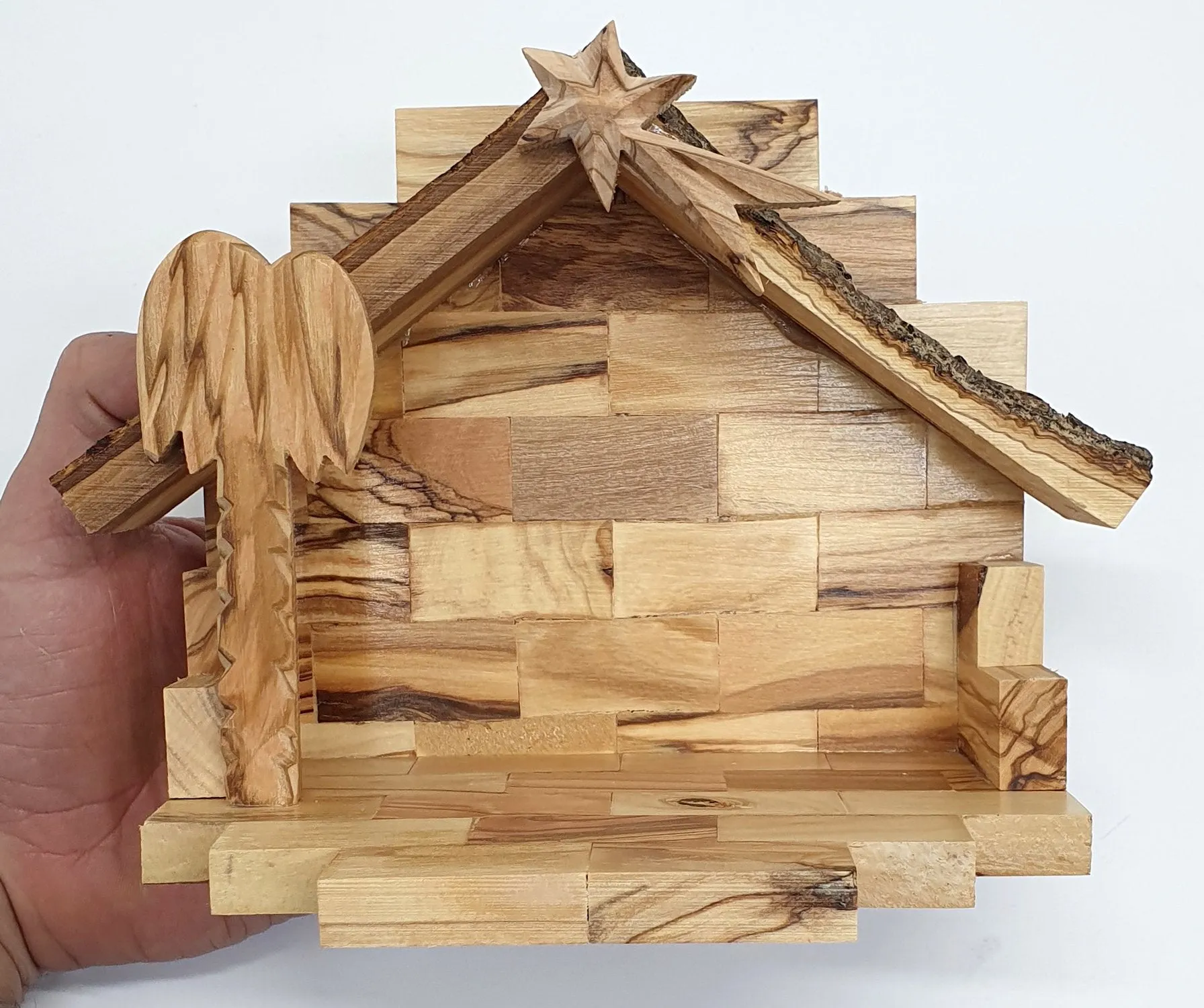 Zuluf Hand-Carved Nativity Set Scene with Bark Roof - Made In Bethlehem 5.3  REWRITE this tittle and make it sew optimized and a